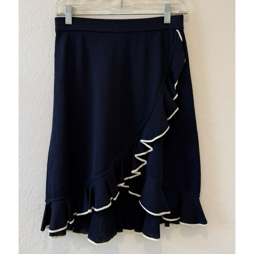 St. John Santana Knit Skirt sz. 2 Navy White Ruffle Elastic Waist Luxury Wool